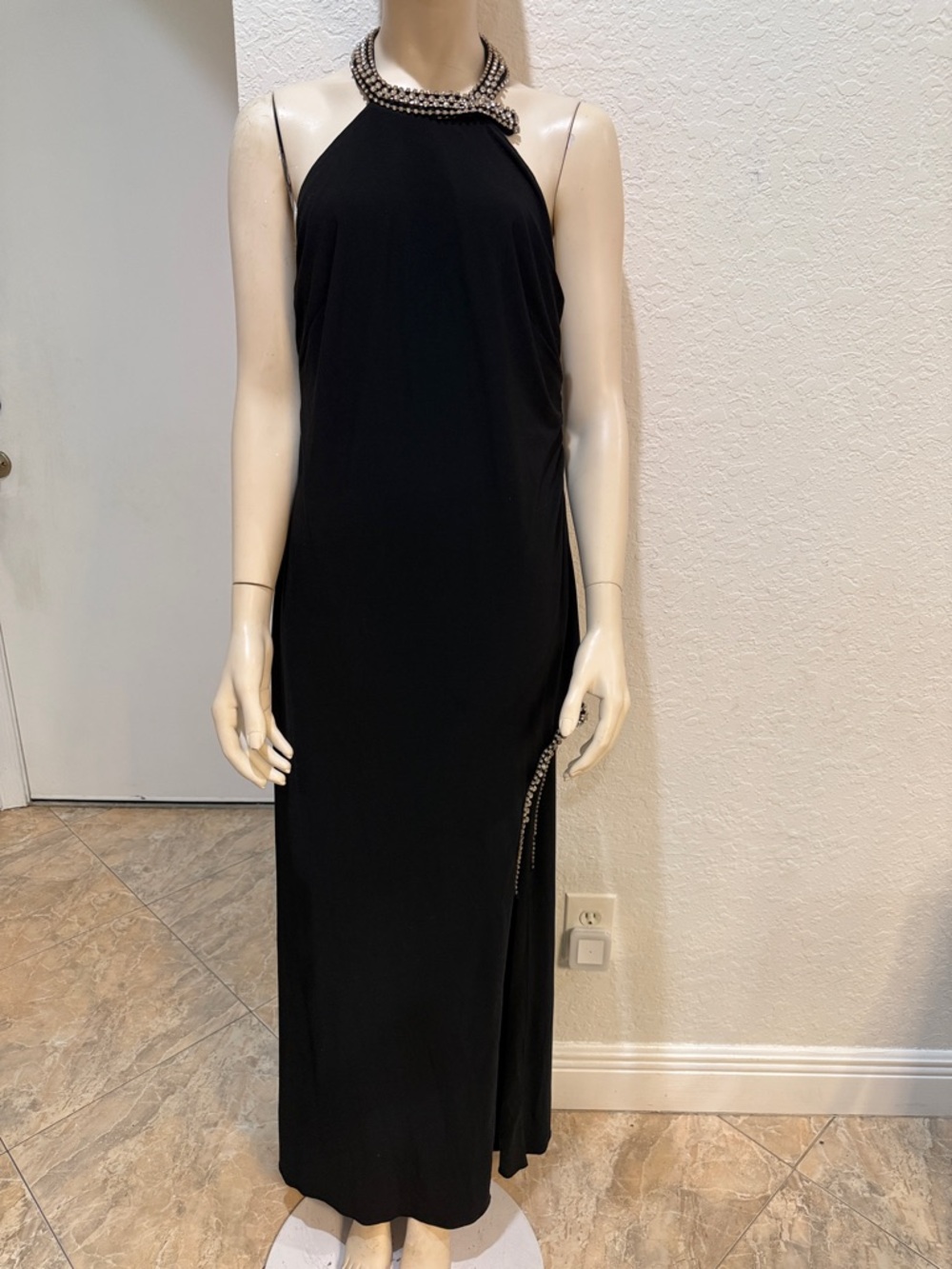 Mac Duggal Black Halter Maxi Dress with Rhinestones Neckline (Preowned)